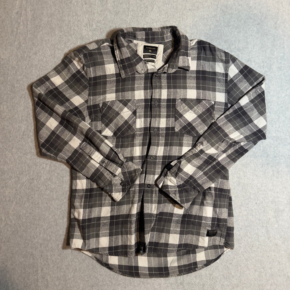 Womens Quiksilver Flannel Shirt Large Grey Plaid Modern Fit Long Sleeve Y2K